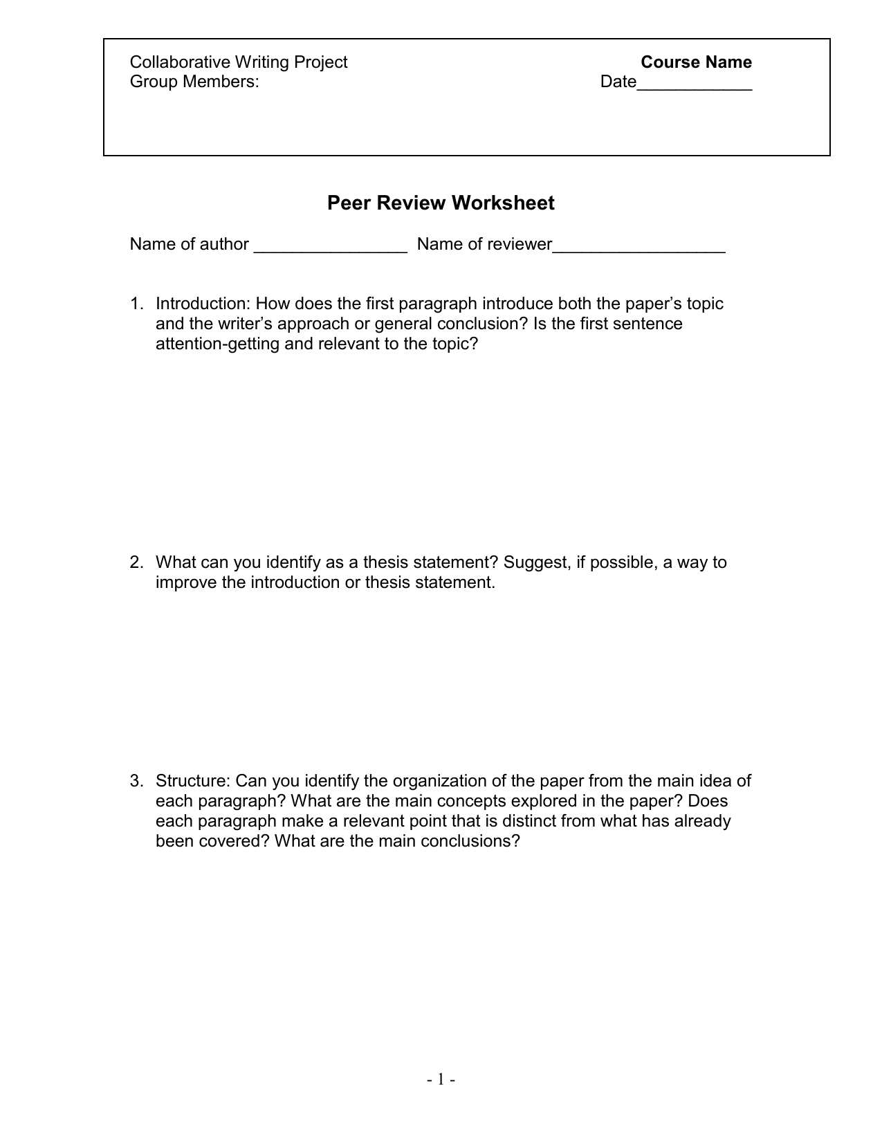 Collab Writing PEER REVIEW WORKSHEET Inside Identifying Thesis Statement Worksheet