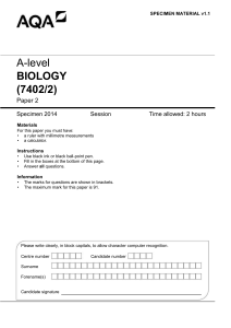 A-level Biology Exam Paper (7402/2) Specimen