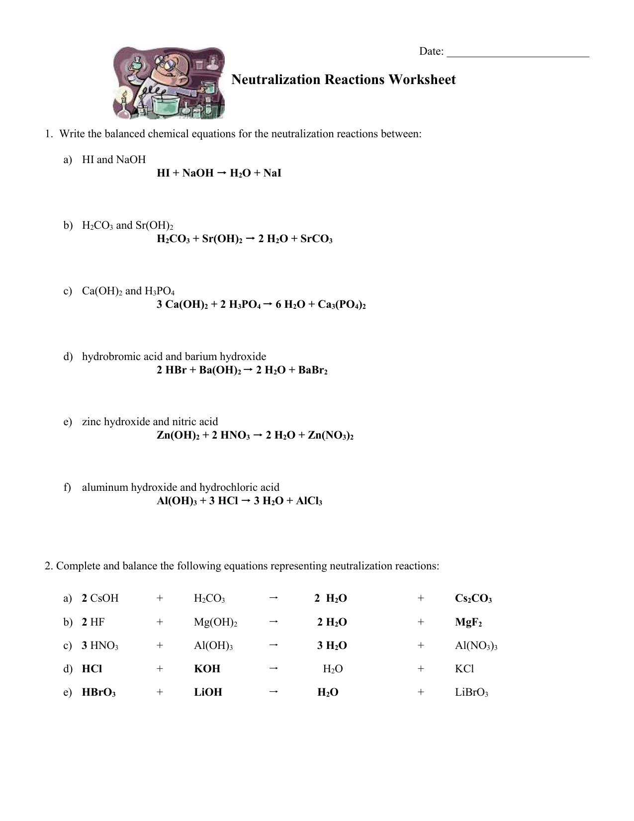 11 neutralization reactions worksheet key Within Acid Base Reactions Worksheet