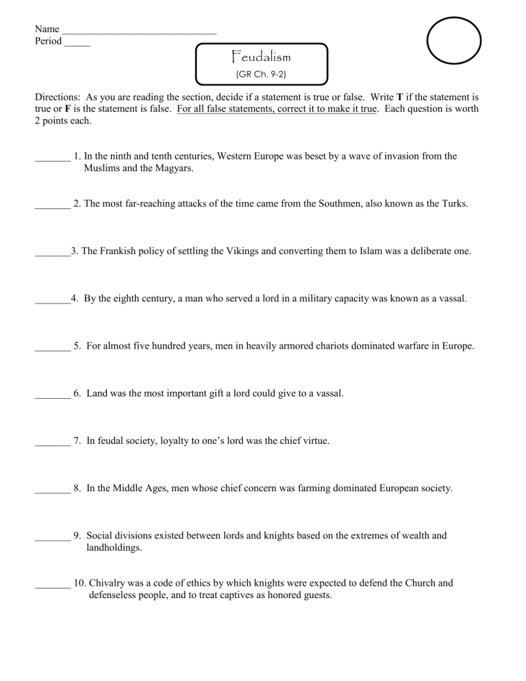 1 Worksheet 9 2 Feudalism