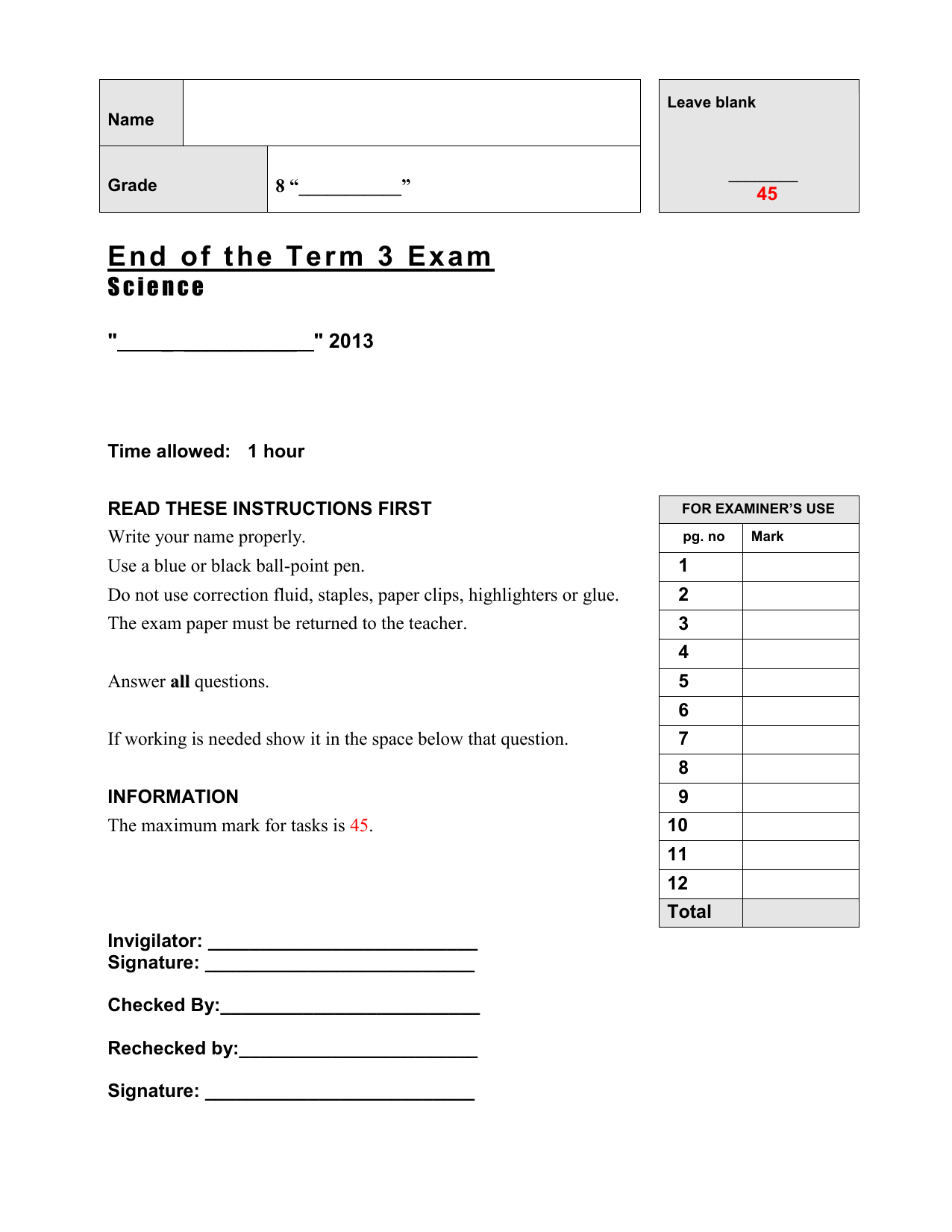 Grade 11 Science Third Term Test Papers