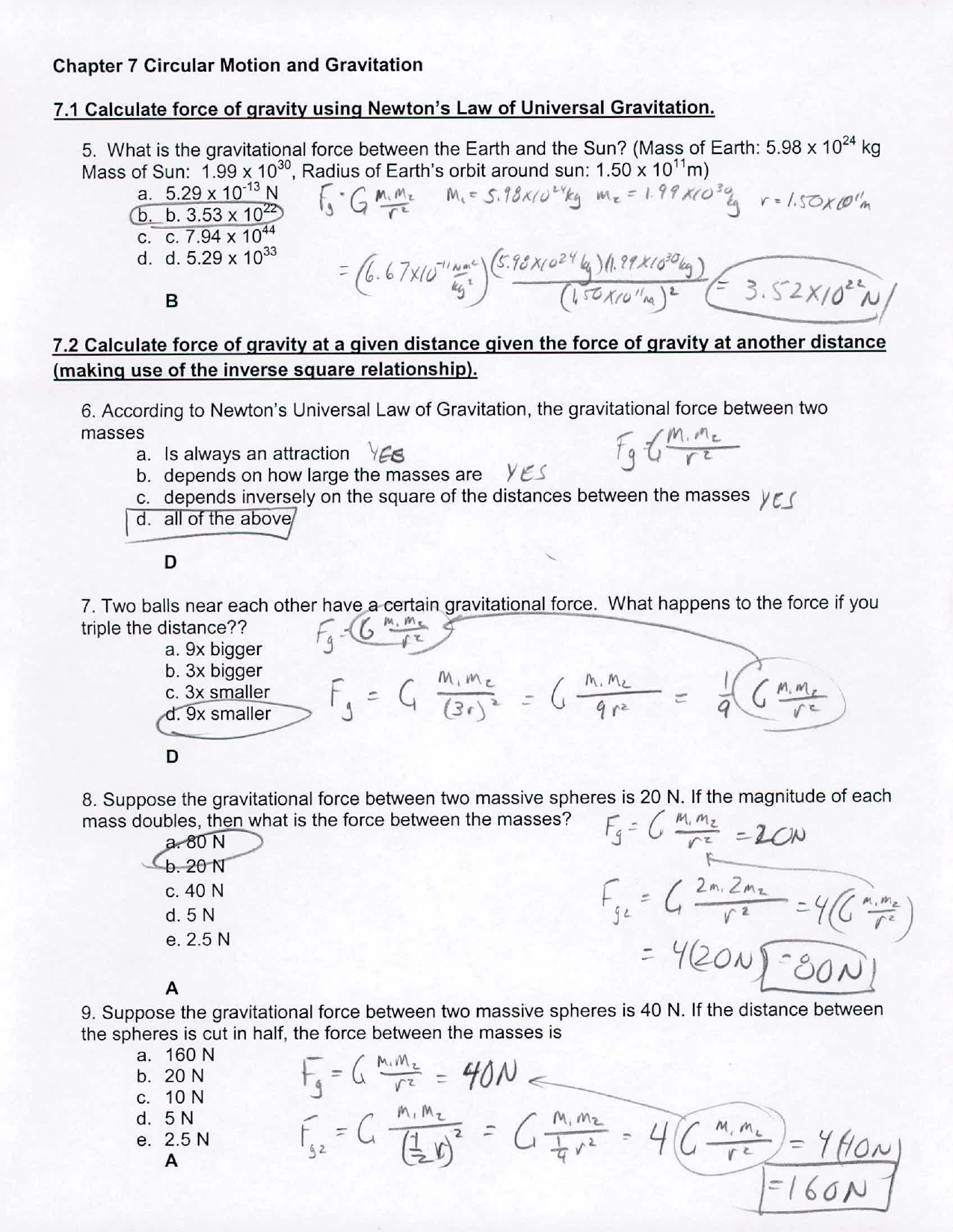 Law Of Universal Gravitation Worksheet 7 1 Answers - Worksheetpedia