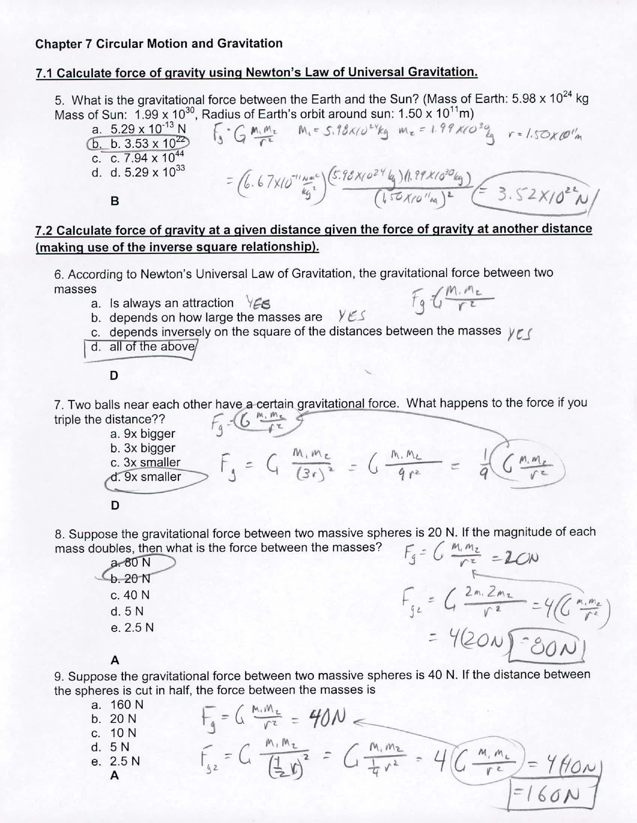 Universal Gravitation Worksheet Answers