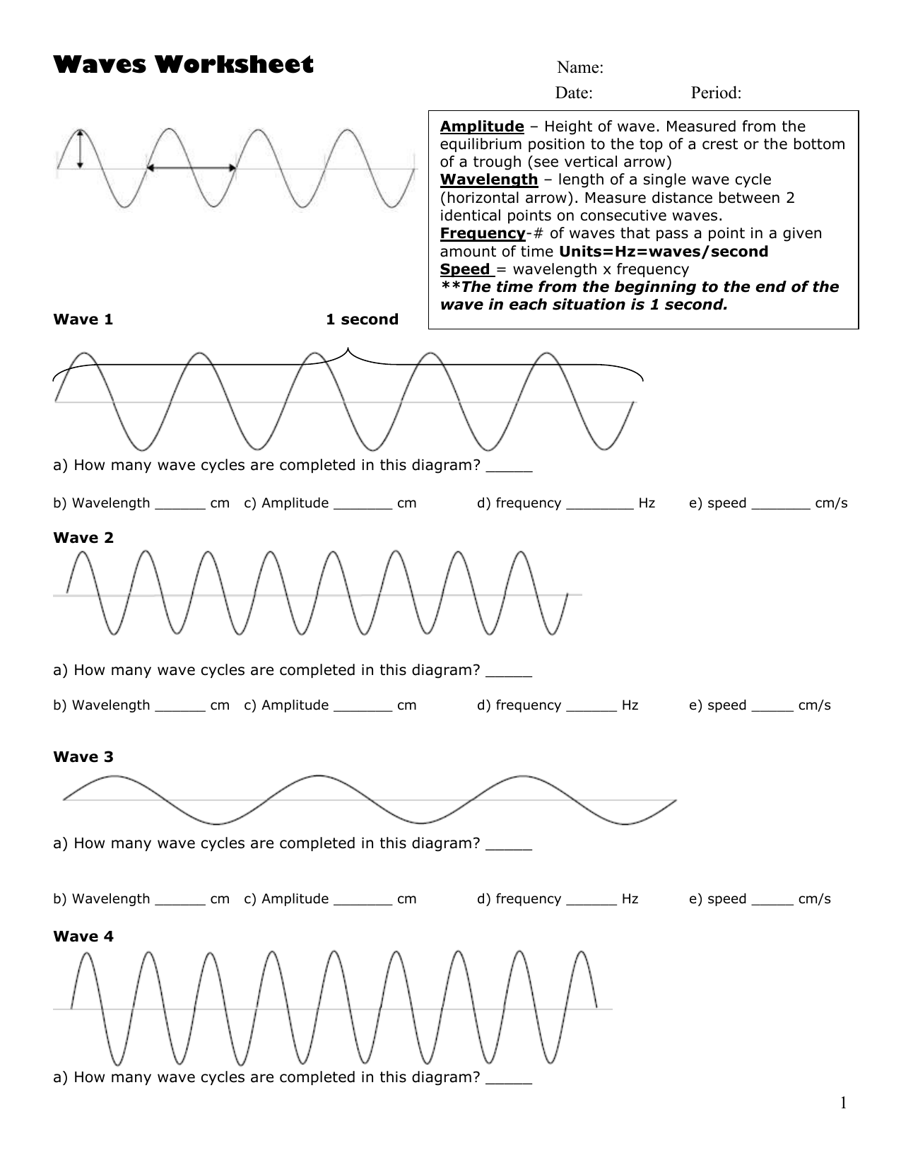 Waves Worksheet Physics
