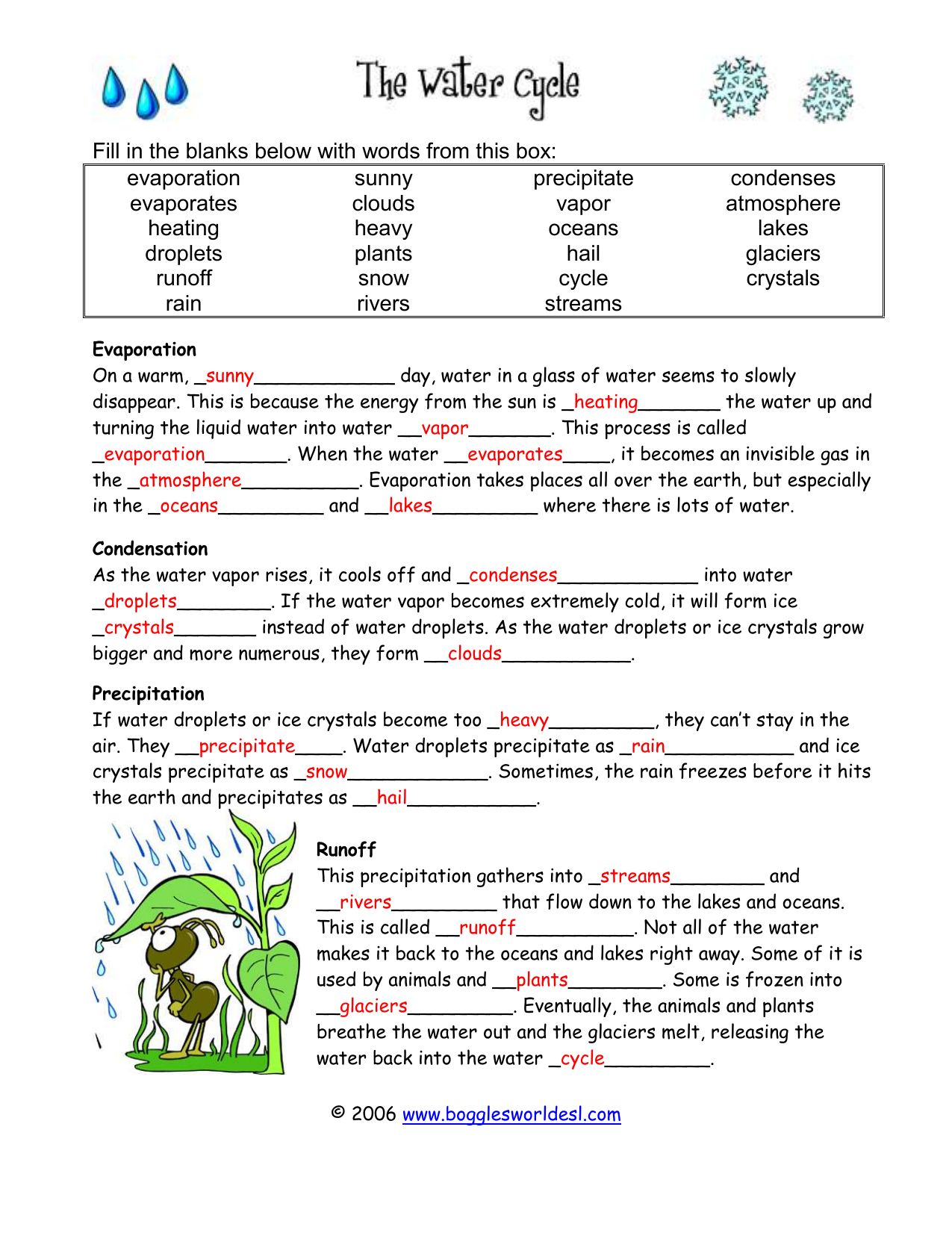 Water Cycle Cloze and Crossword KEY Within Water Cycle Worksheet Answer Key