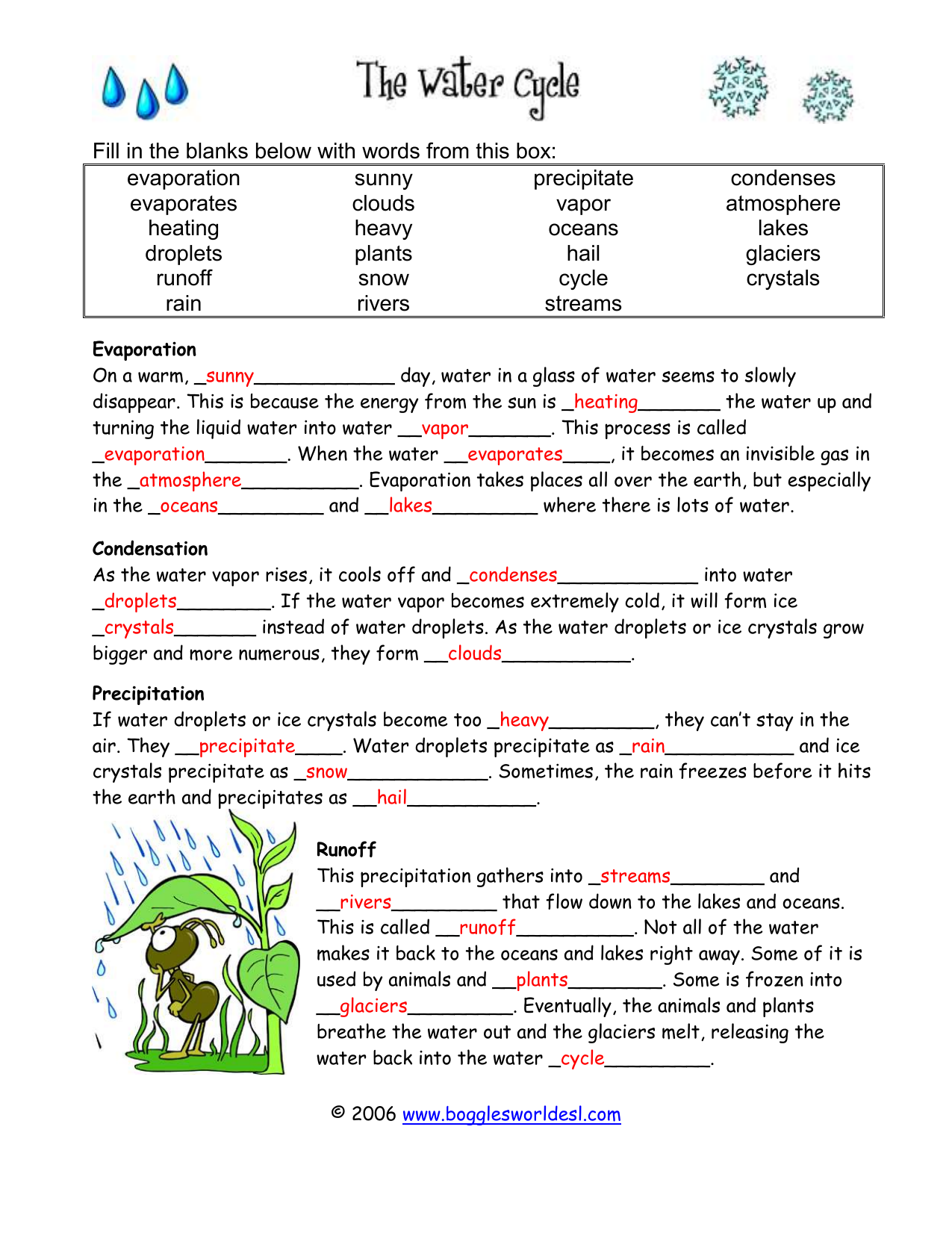 Water Cycle Cloze and Crossword KEY Throughout The Water Cycle Worksheet Answers