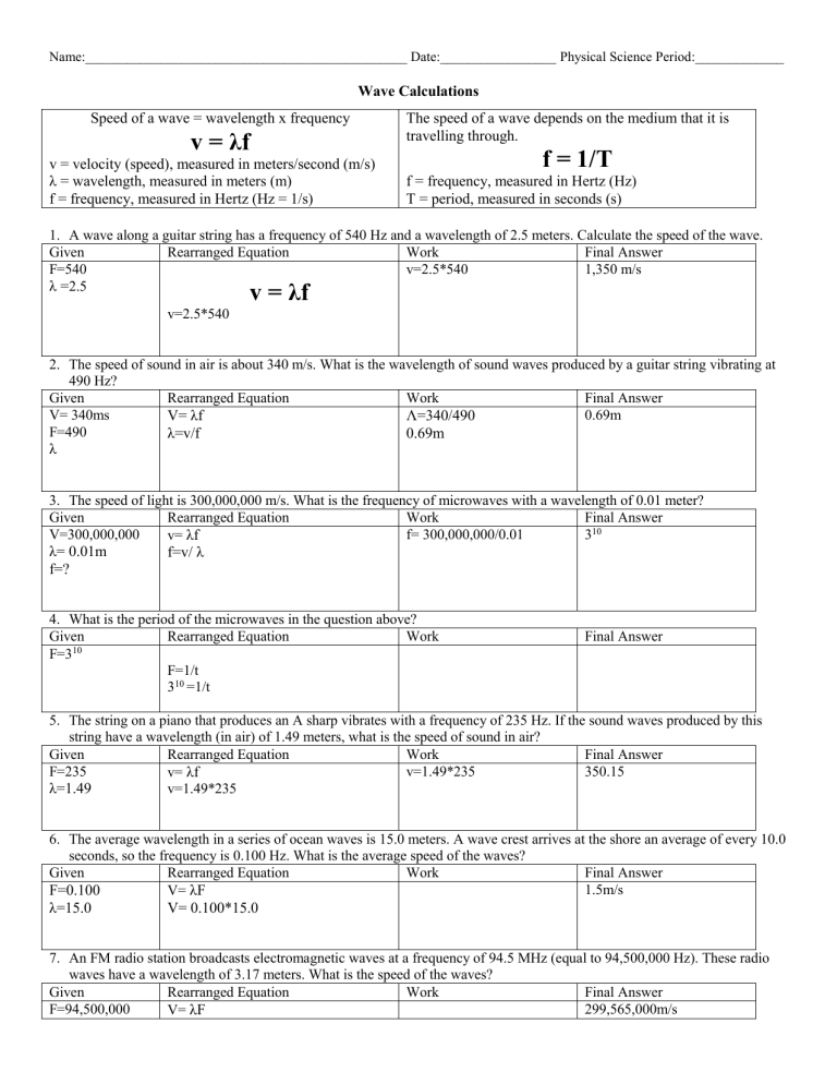 26 Waves Worksheet 1 Answers