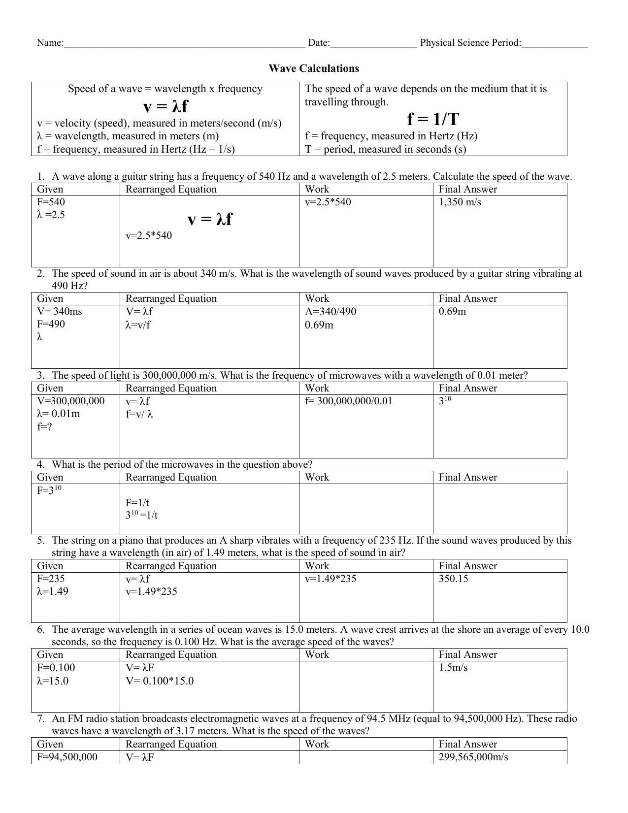 Wave Speed Equation Practice Problems Key Answers Speed Wavelength Frequency Worksheets