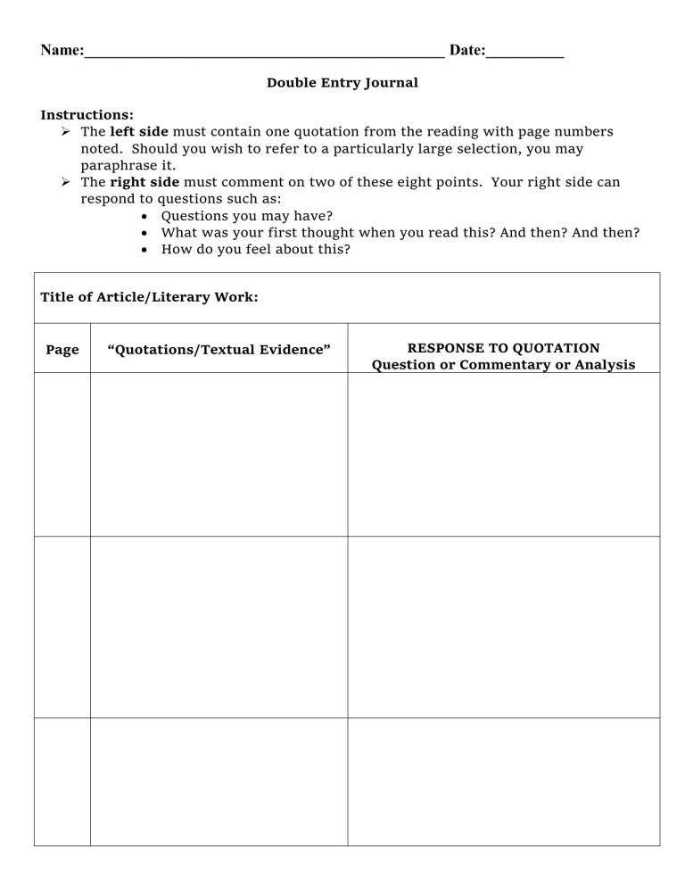 Double Entry Journal Worksheet