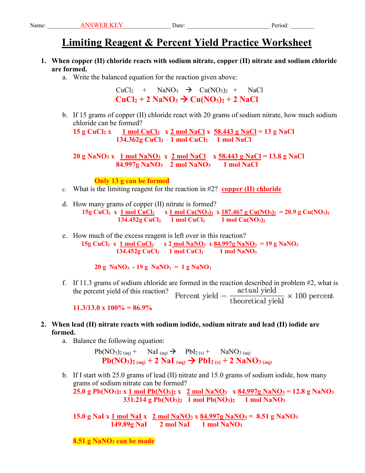 W.LimitingReagentsandPercentYield.HW21.ANSWERKEY Regarding Limiting Reactant Worksheet Answers
