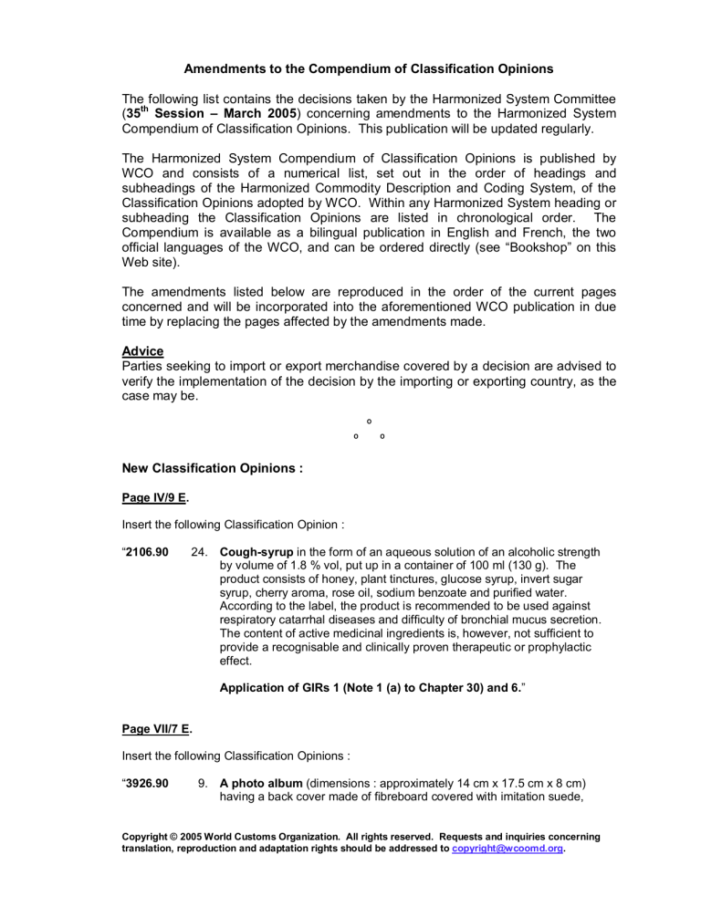 WCO Classification Opinions Amendments (March 2005)