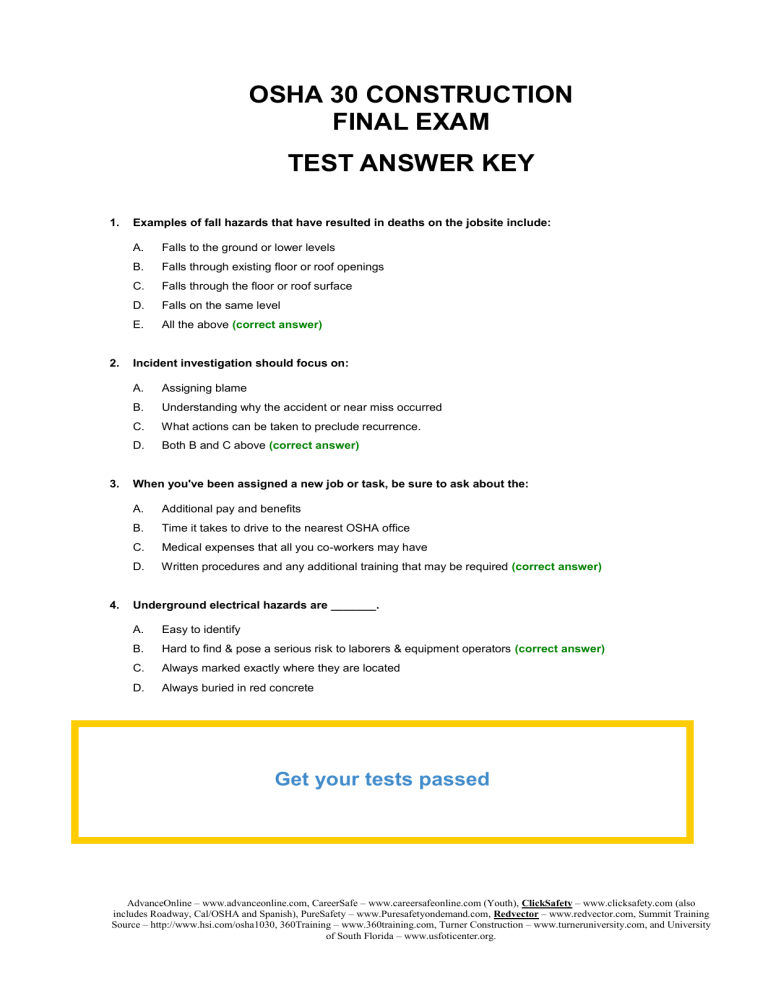 OSHA 30 Construction Final Test Answer Key Online Test