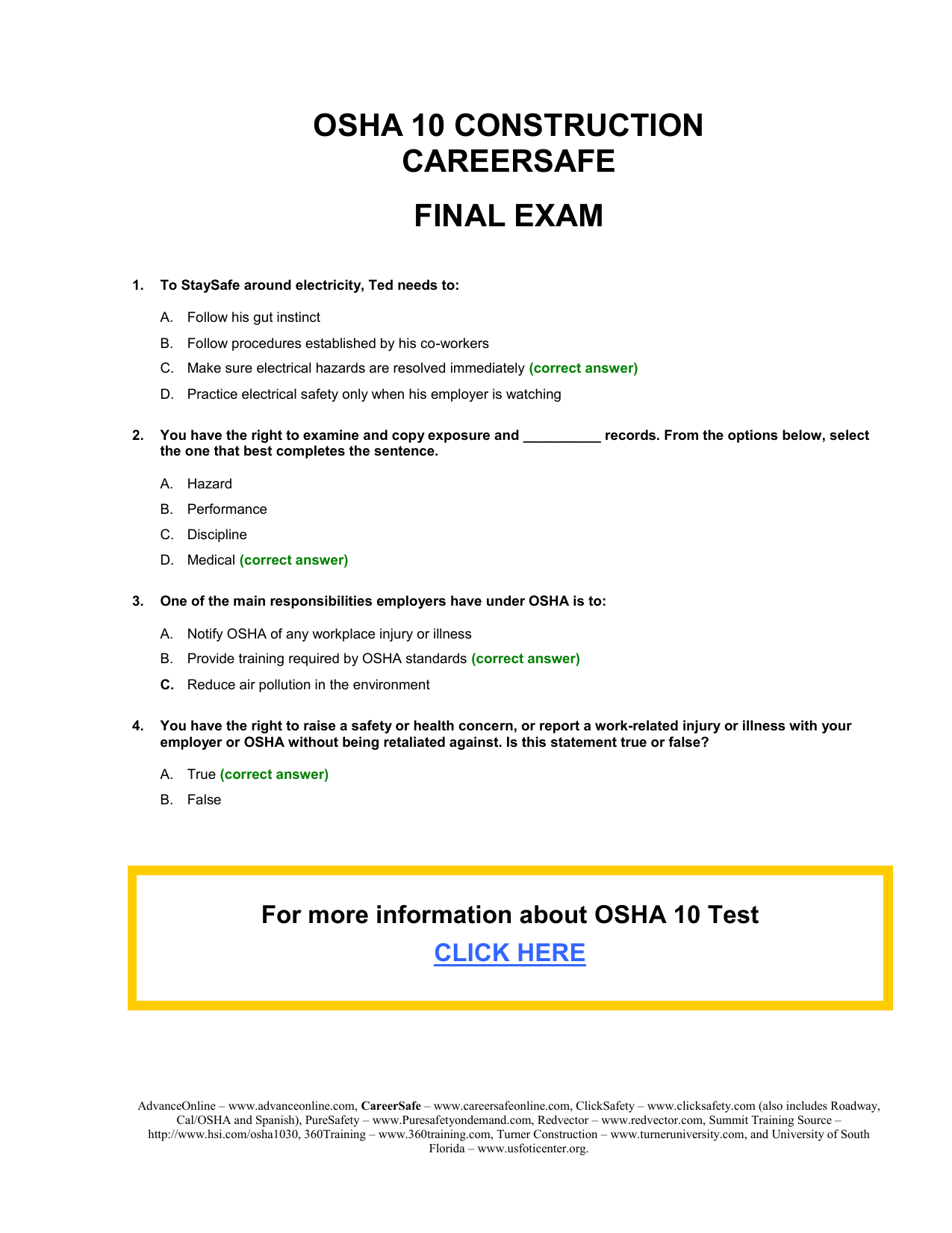 Osha 10 Hour Construction Final Test Answer Key Care Sa