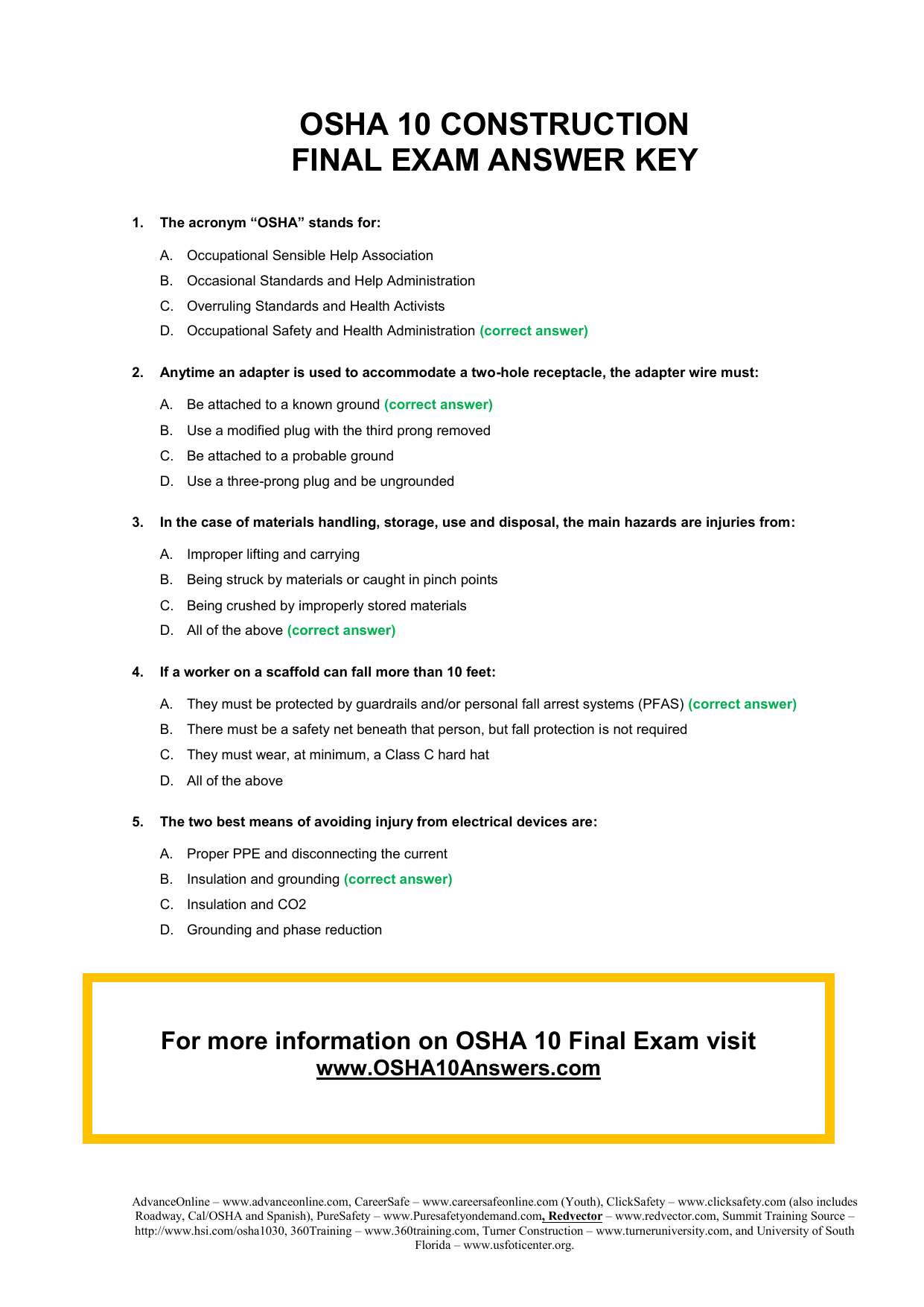 OSHA 10 Construction Final Test Answer Key