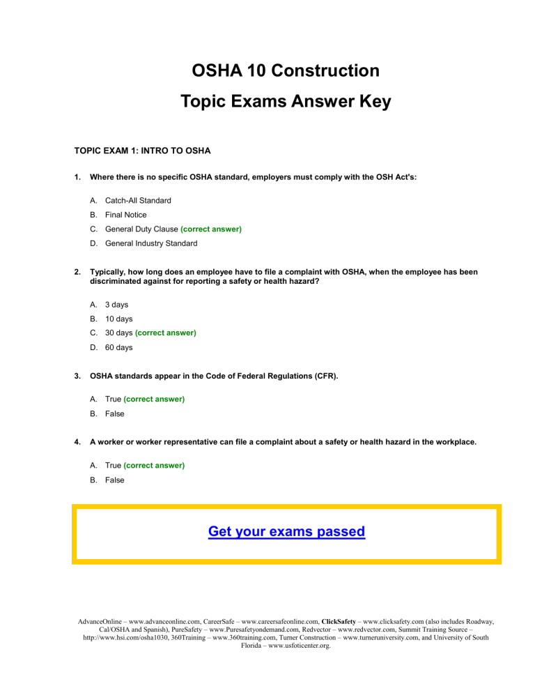 OSHA 10 Hour Construction Exam Answer Key Topic Exams Cl Sa Online