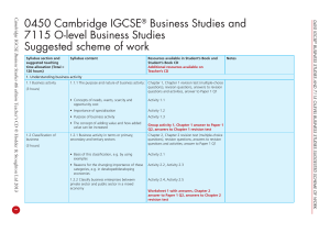 Cambridge IGCSE Business Studies 0450 and 7115 Olevel - Suggested scheme of work