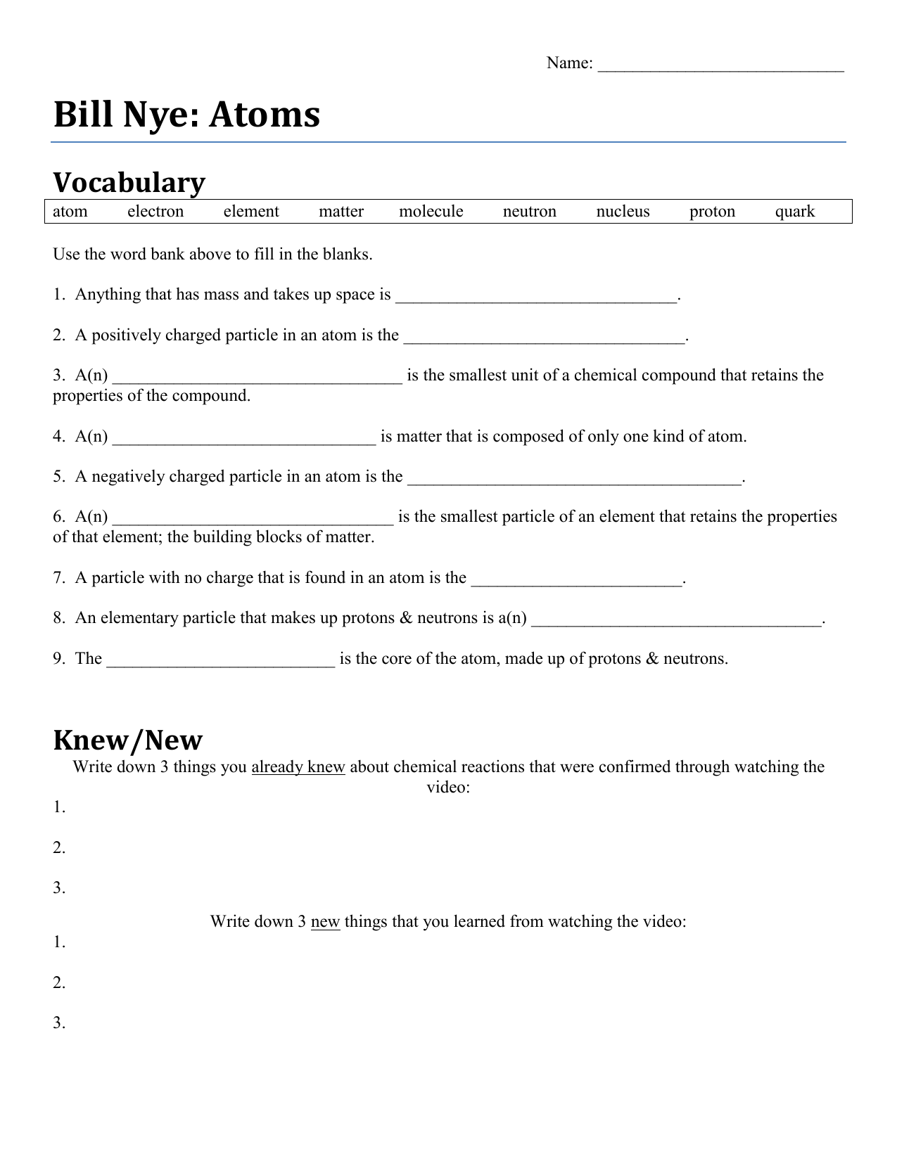 Bill Nye Atoms Worksheet Abhayjere