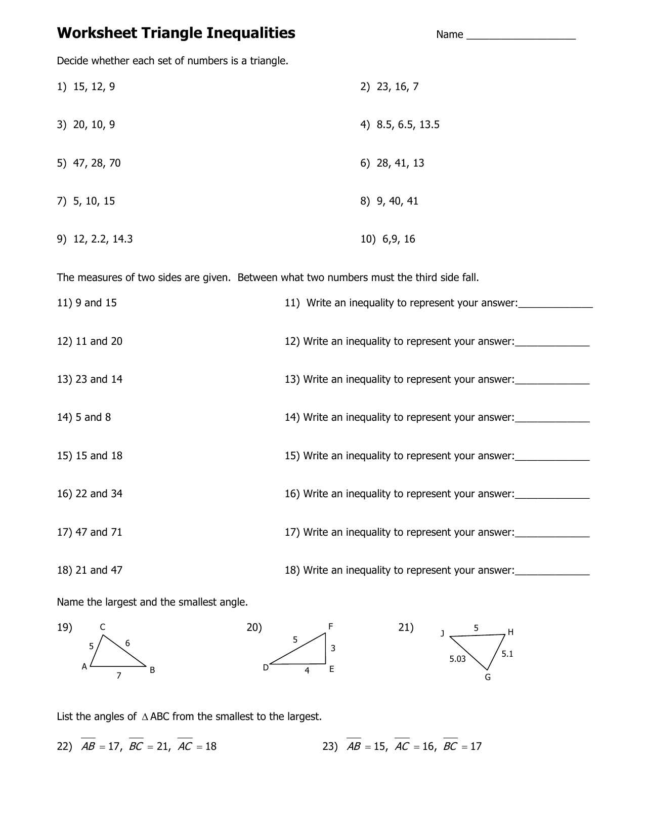 Easy Triangle Inequalities For Inequalities Worksheet With Answers