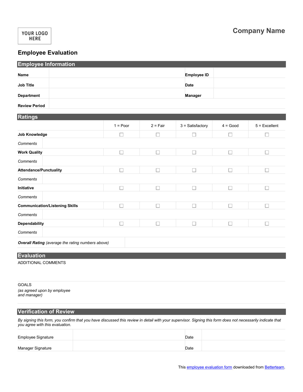 Employee evaluation form template word