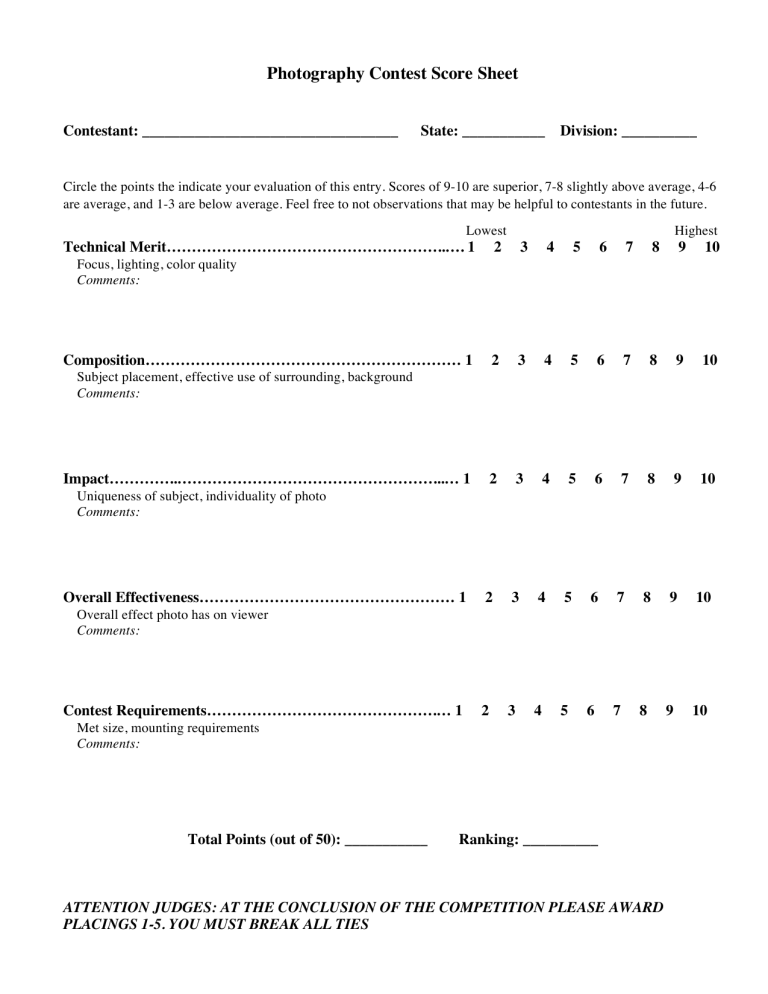 Photography Contest Score Sheet