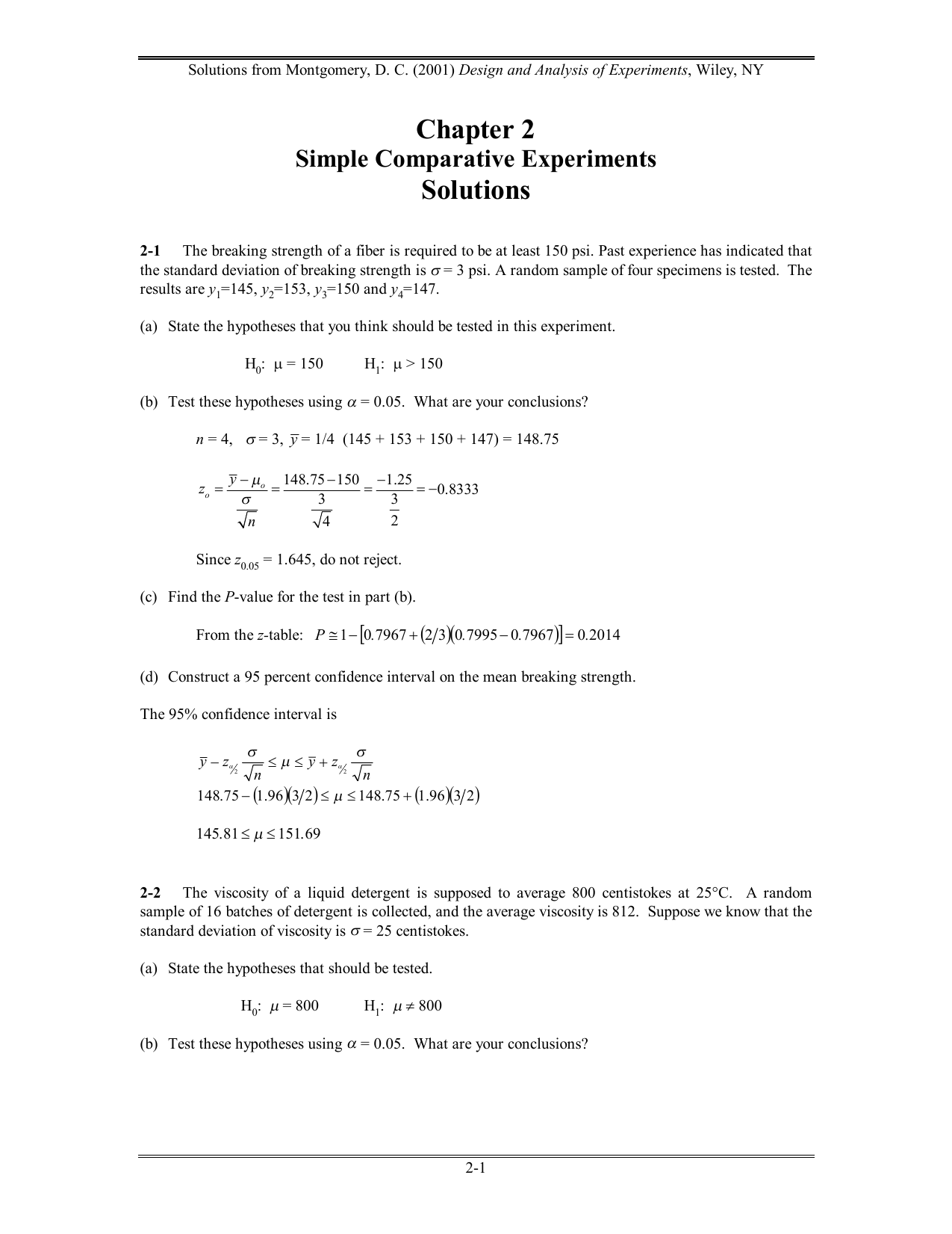 Solutions From Montgomery D C 01 Design And Analysis Of Experiments