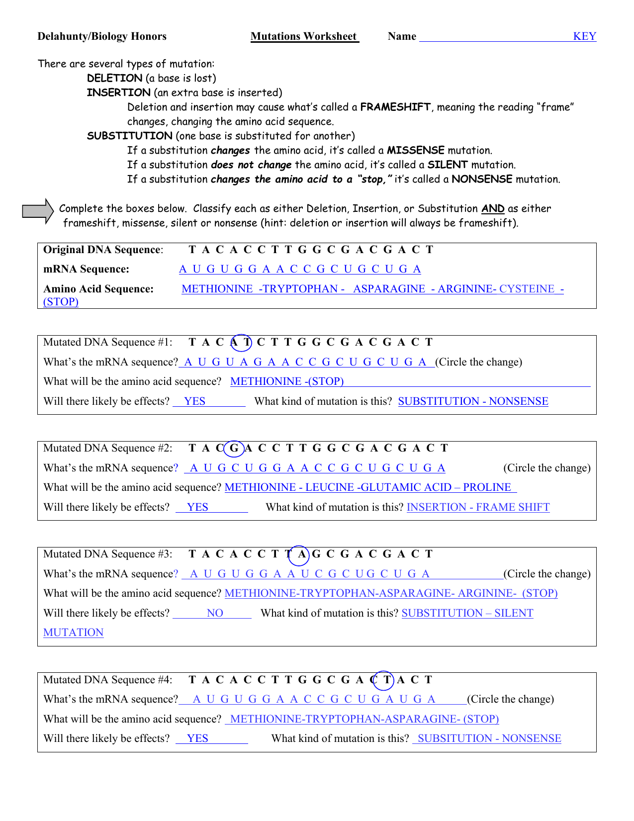 Mutations - WS - KEY With Dna Mutation Practice Worksheet Answers