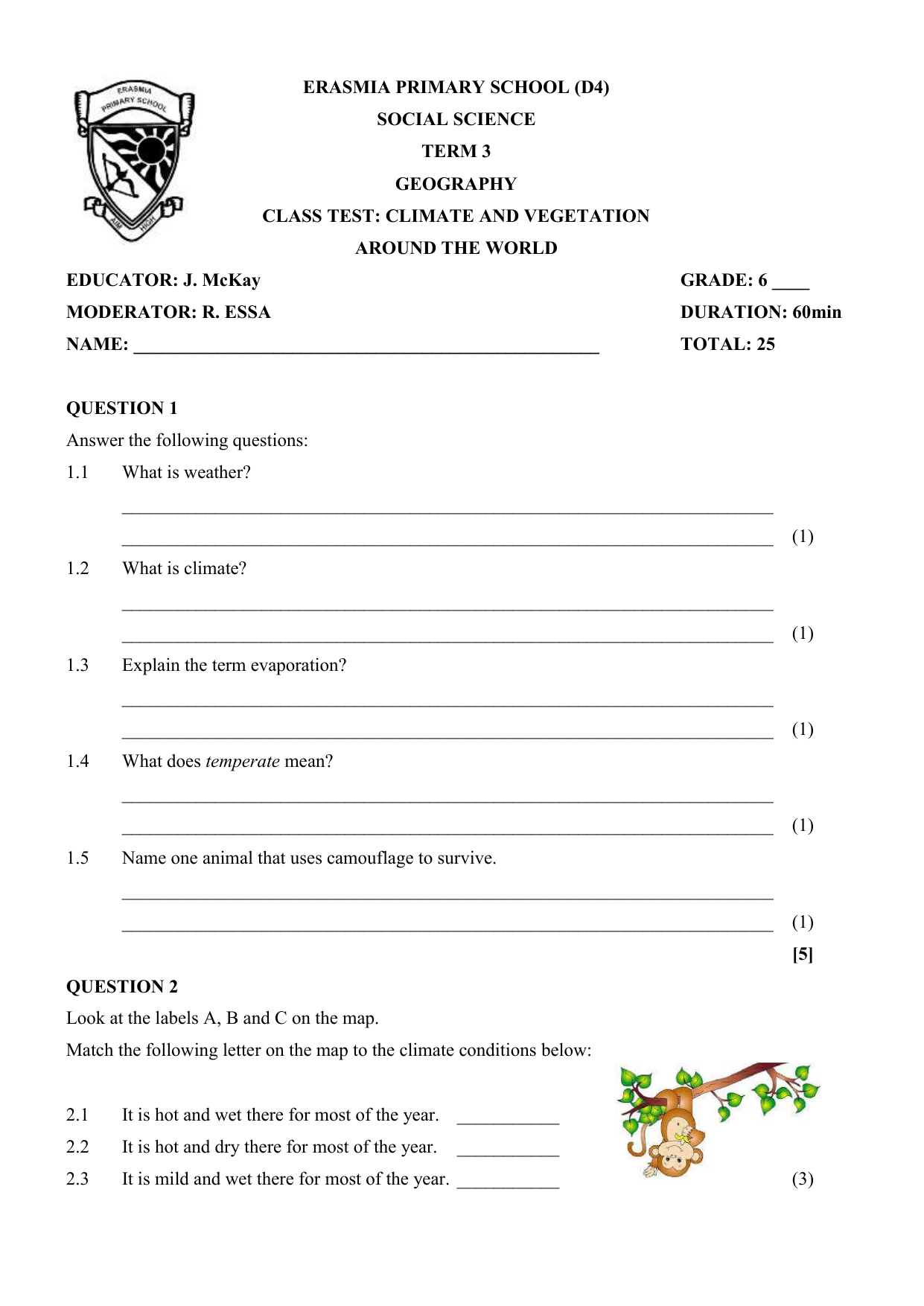 gr 6 term 3 geography class test climate and vegetation around the world