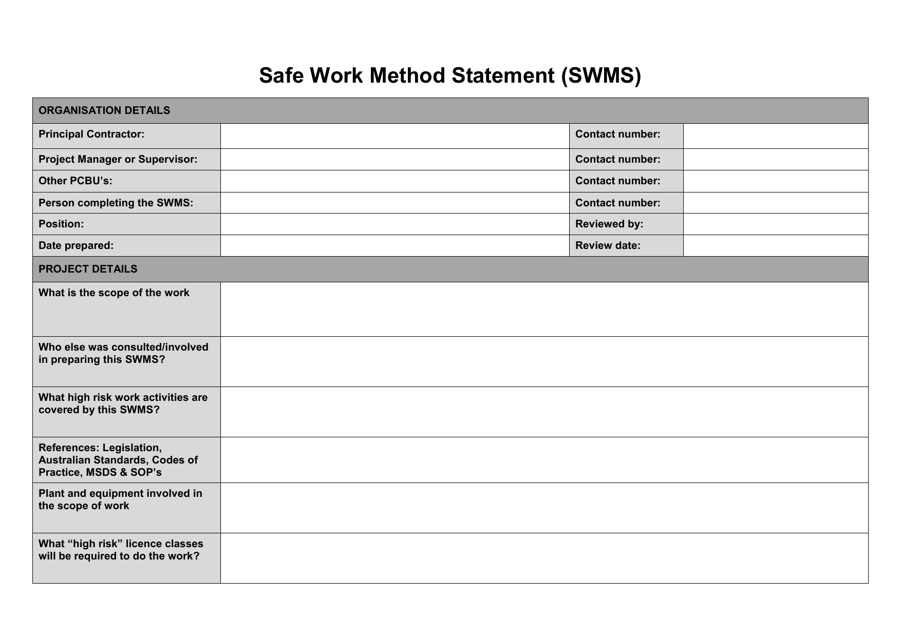 Safe Work Method Statement Template