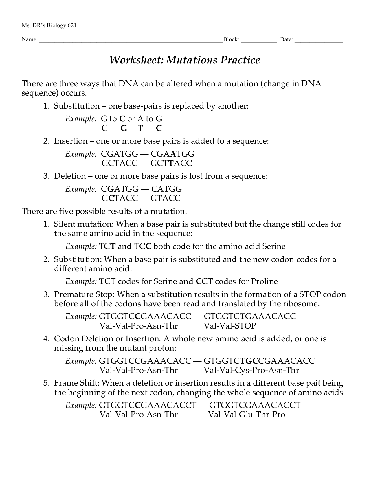 Mutations Worksheet