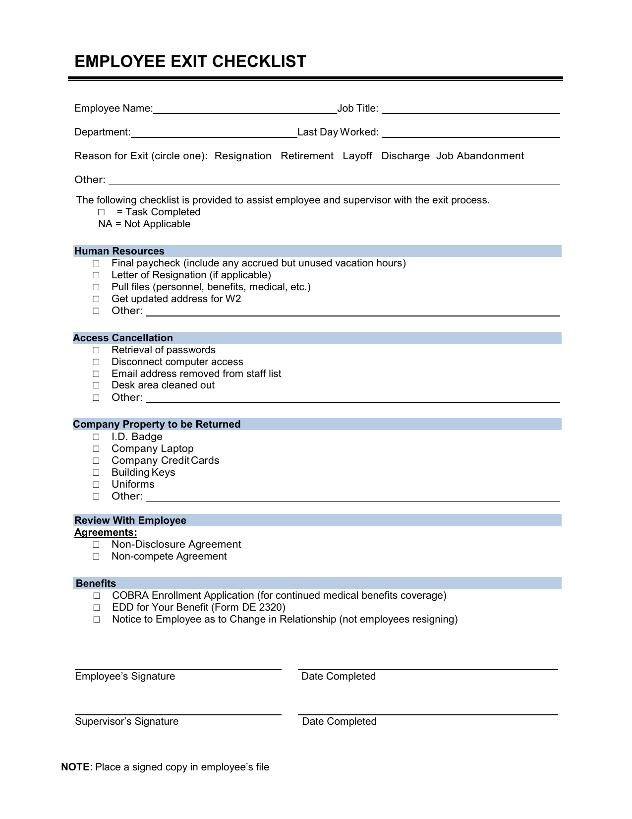 Exit Checklist Template Exit Checklist Template
