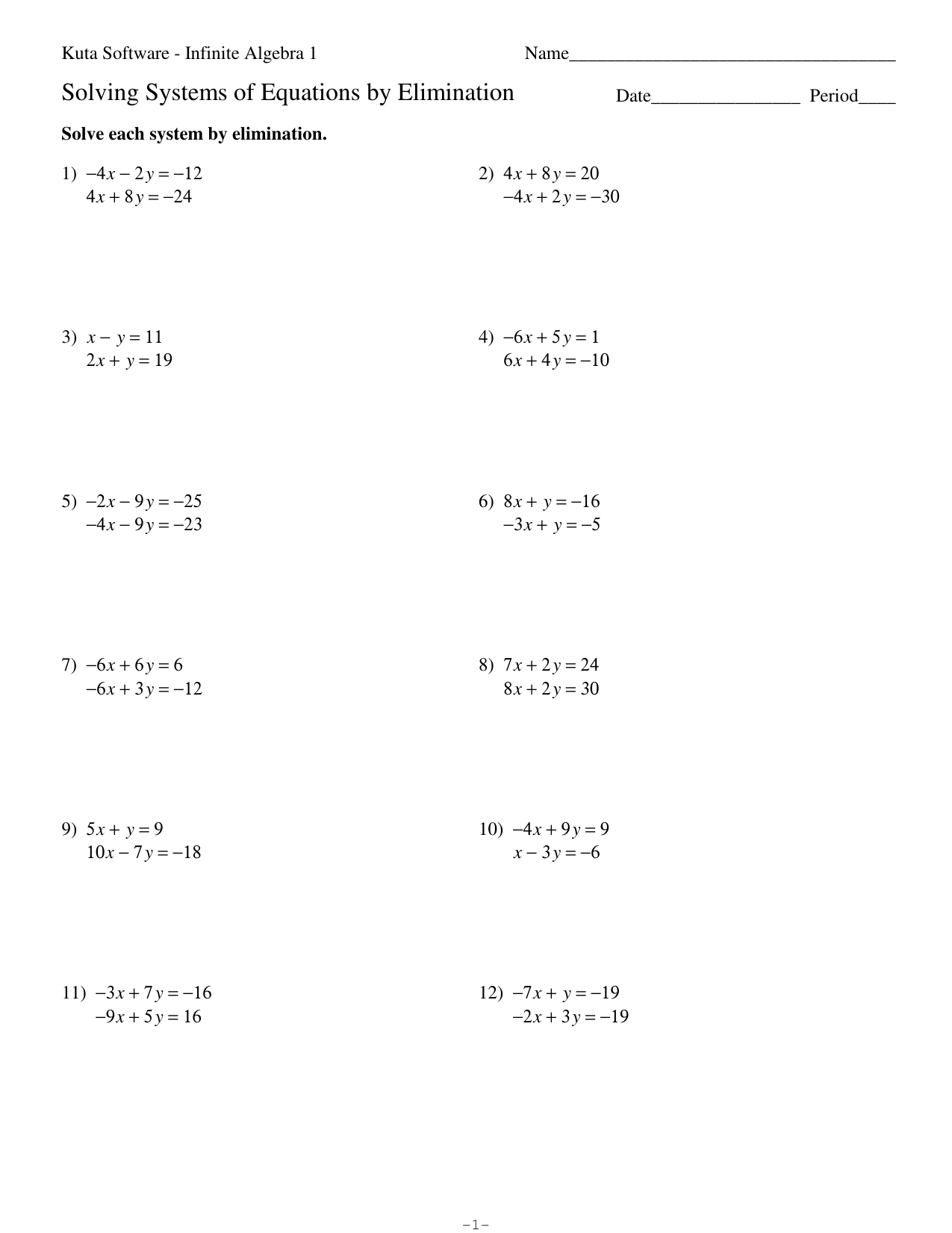 Solve By Elimination Worksheet