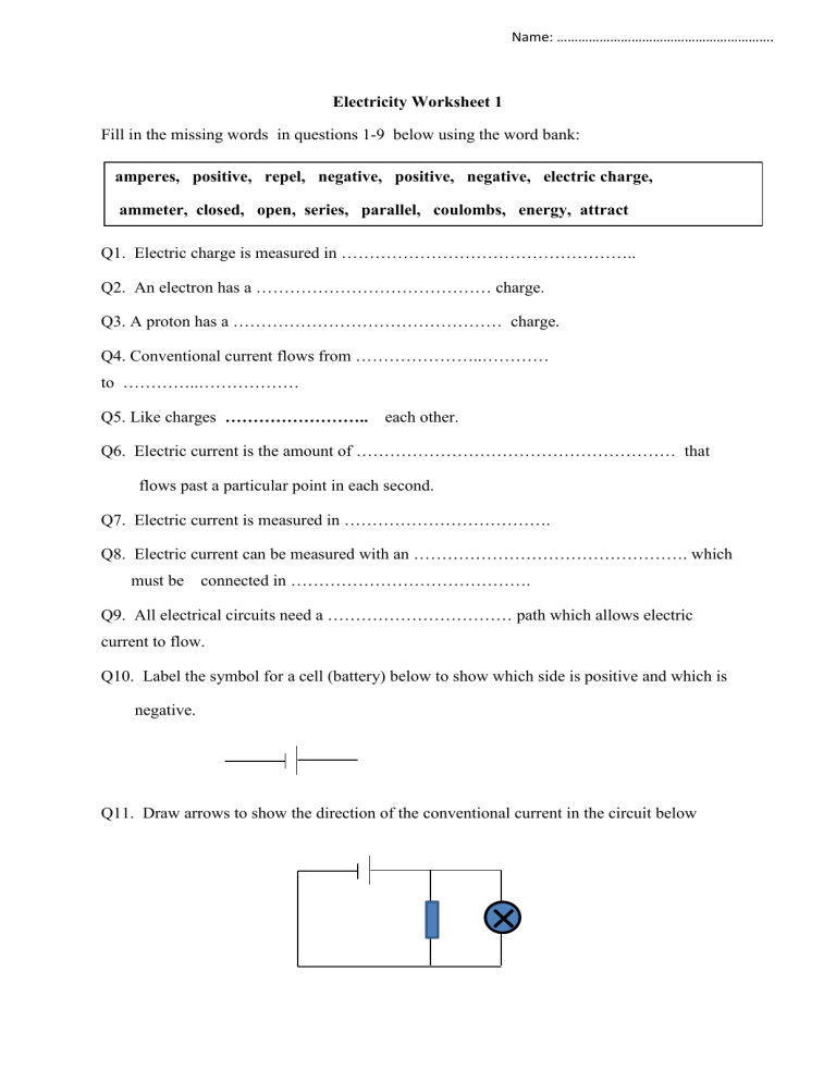 Electricity Worksheet