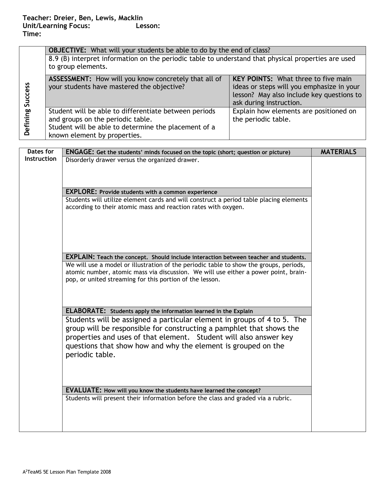 5E Lesson Plan Template Free