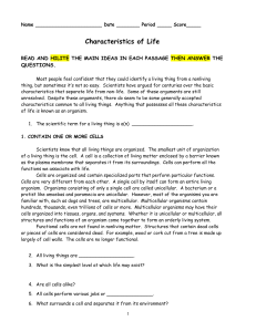 Characteristics of Life Worksheet - Middle School Biology