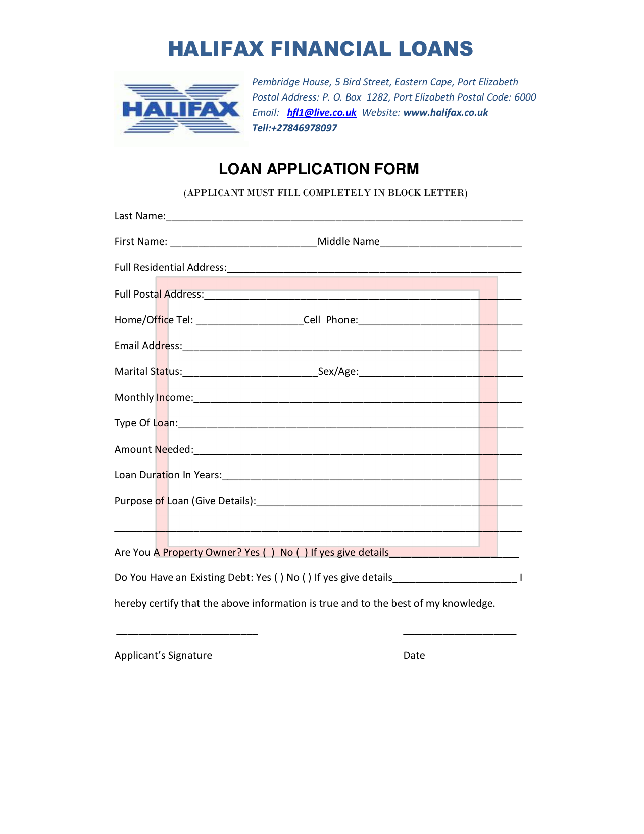 Halifax Financial Loans Application Form