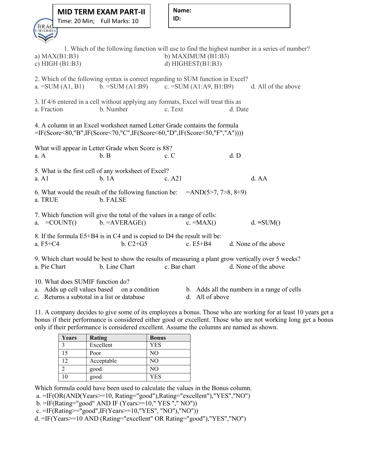 Computer Microsoft Excel Ms Excel Mcq Questions And Answer Quiz - www ...