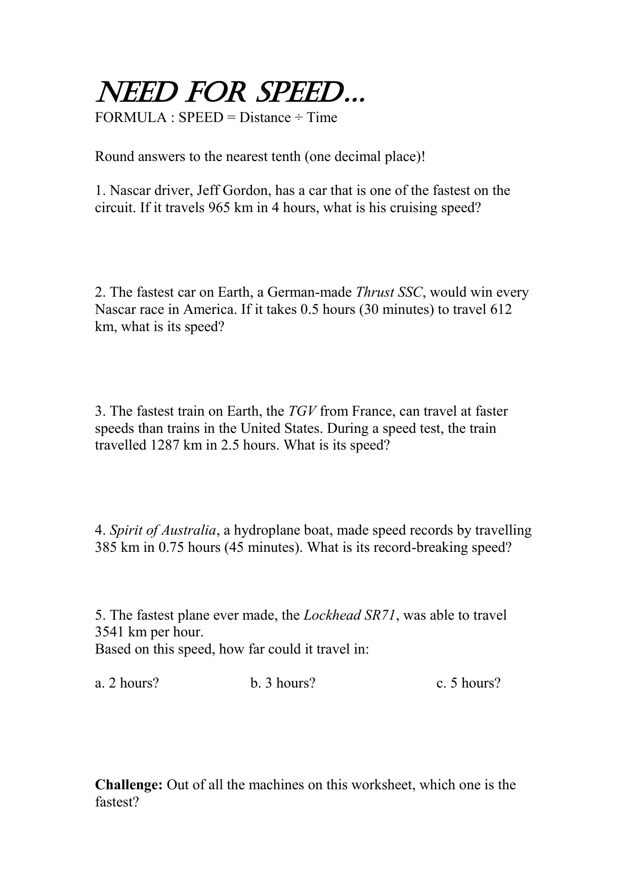 NEED FOR SPEED Worksheet