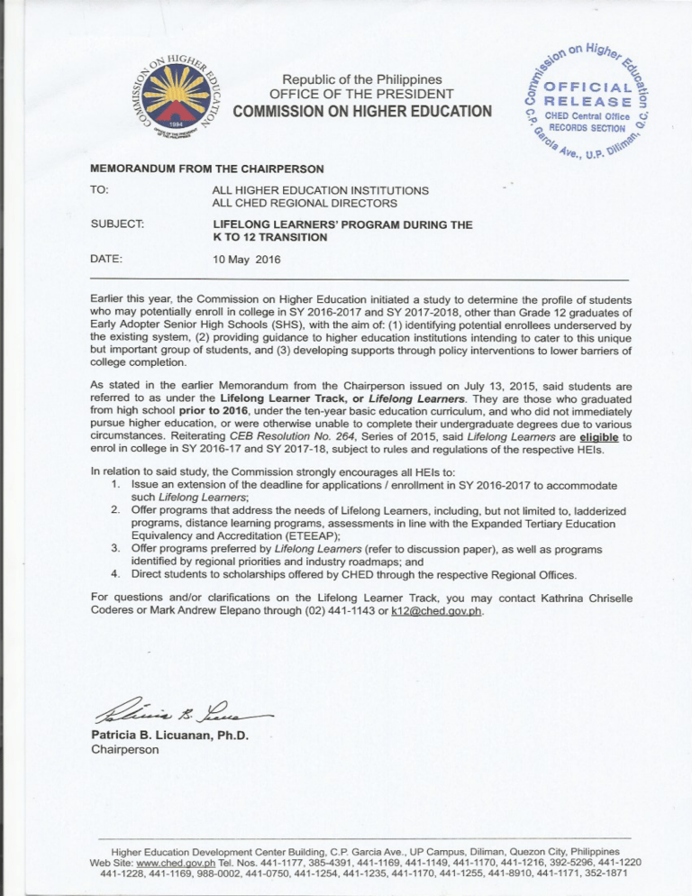 MEMO ON LIFELONG LEARNERS PROGRAM WITH DISCUSSION PAPER