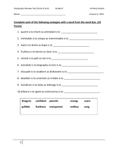 Analogies Exercise, Gr. 8 Vocabulary Test, Units 4 to 6,Jan.2011