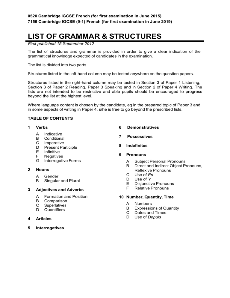 IGCSE List Of Grammar Structures