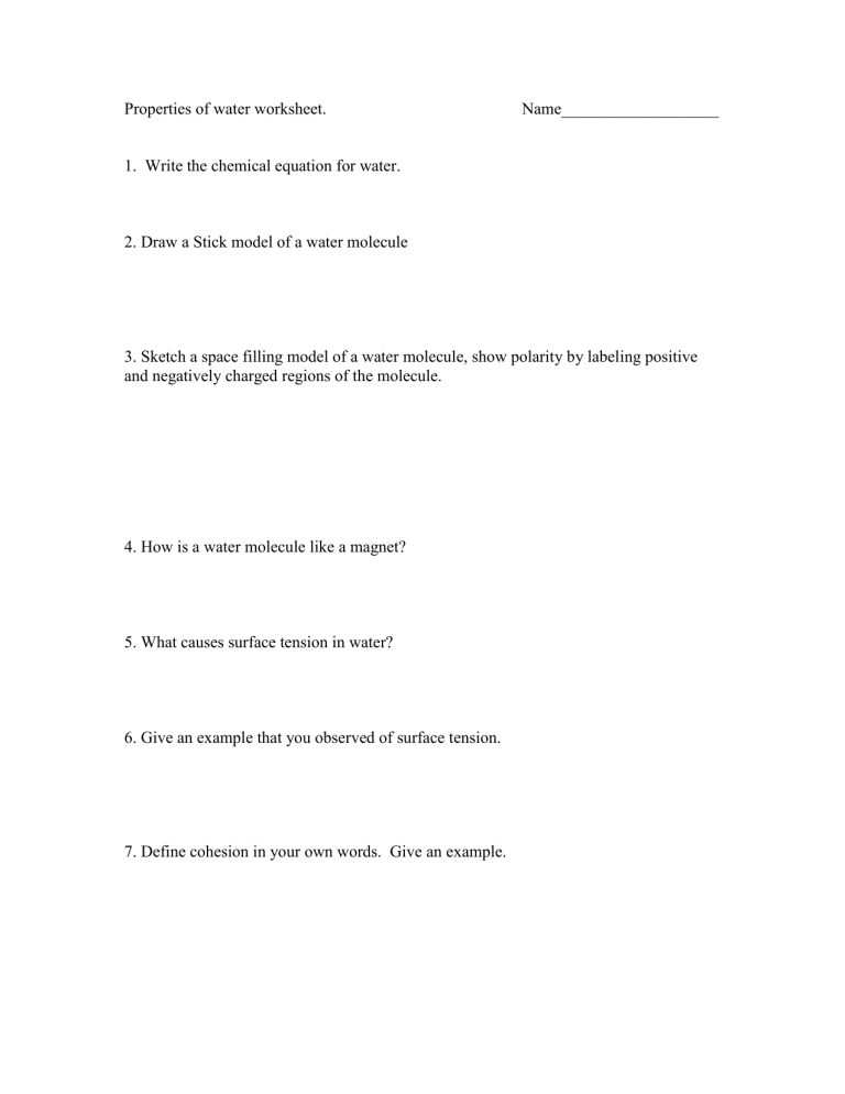 Properties Of Water Worksheet