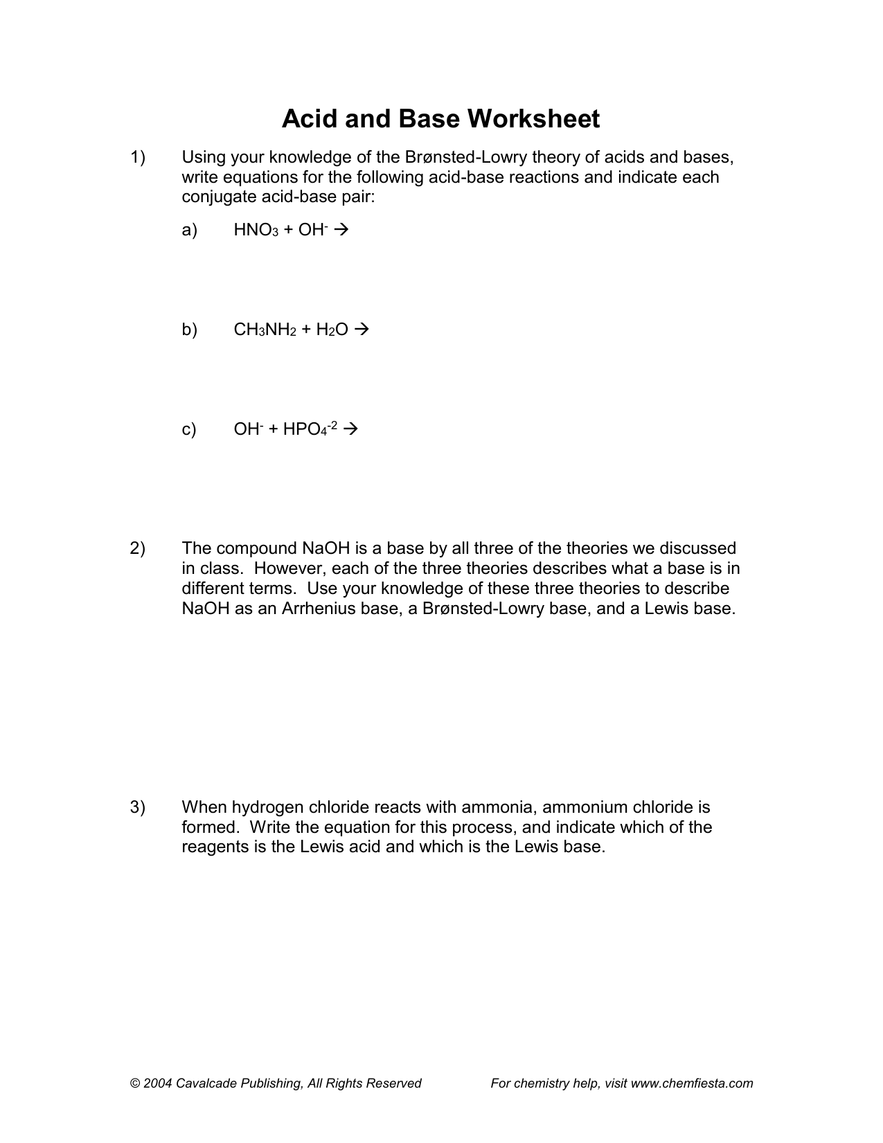 Acid-Base worksheet chemical equations For Acid Base Reactions Worksheet