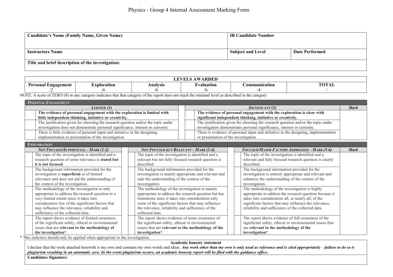 Physics IA Rubric