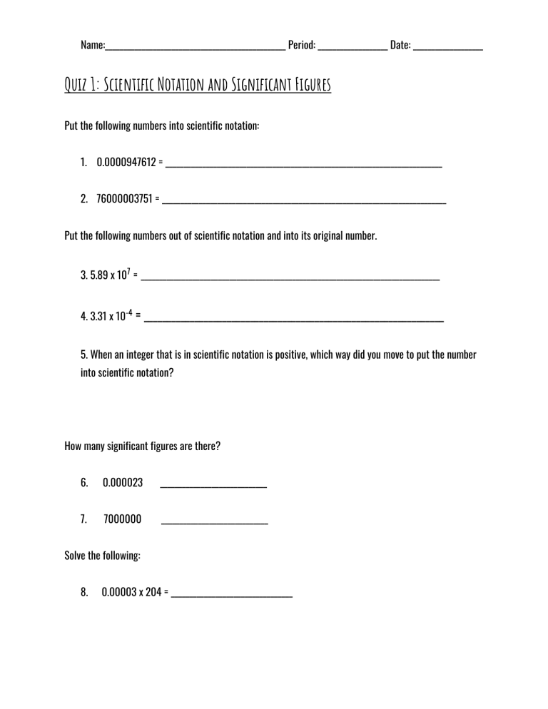 Quiz 1 Scientific Notation And Sig Figs