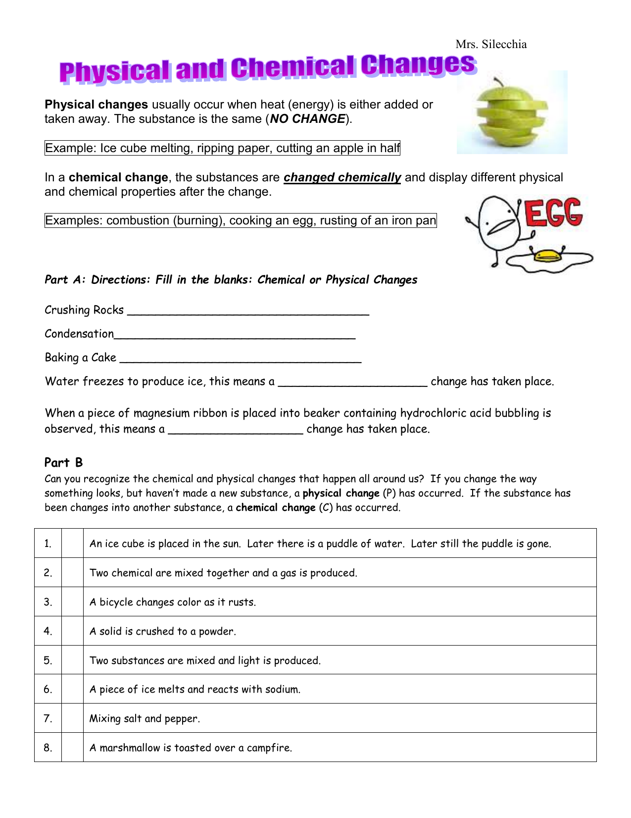 PhysicalandChemicalChangesWorksheet For Chemical And Physical Change Worksheet