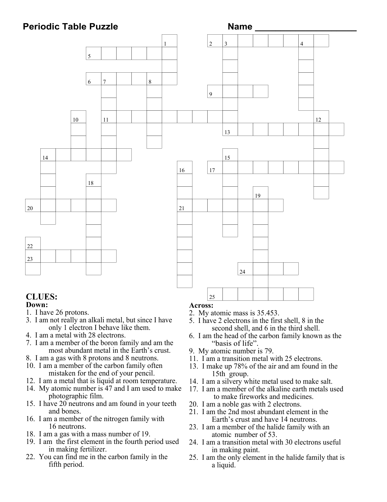 periodic table and reactivity crossword answers