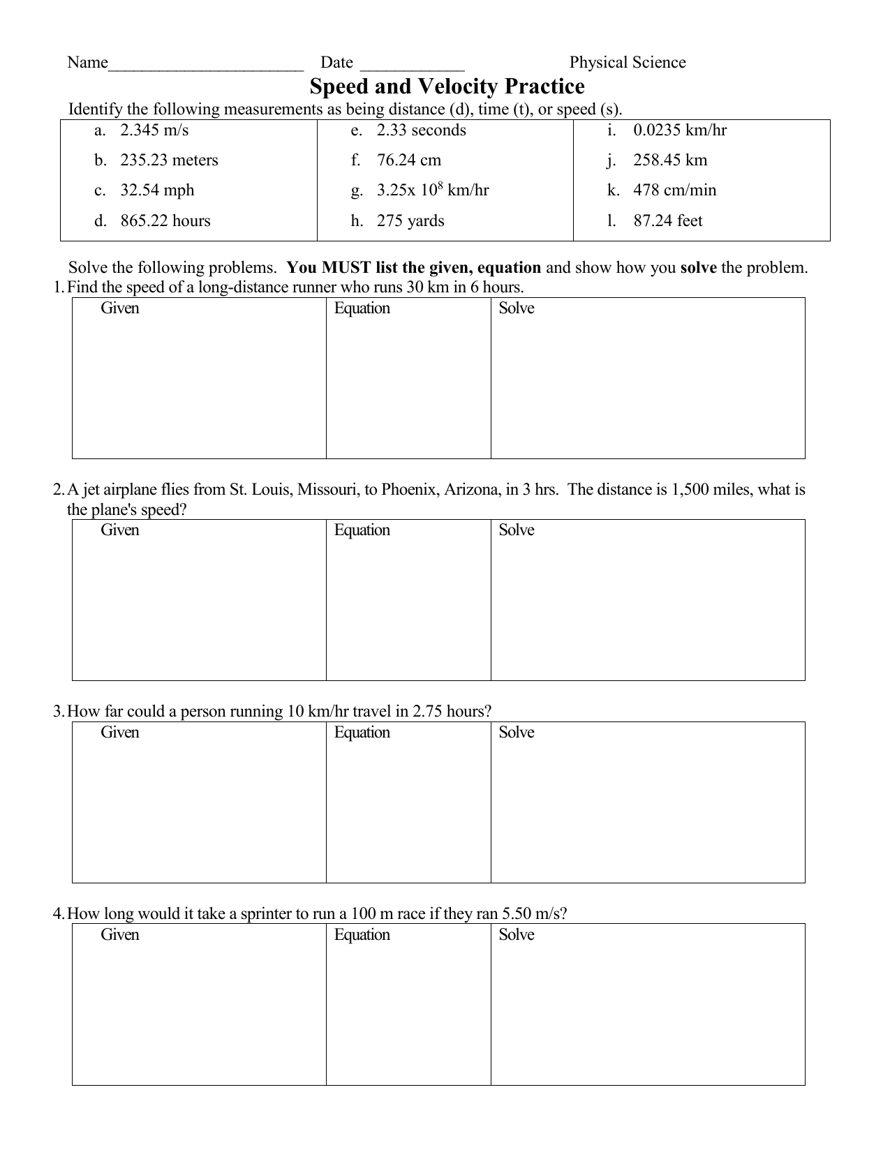 Speed and Velocity Practice Problems In Determining Speed Velocity Worksheet
