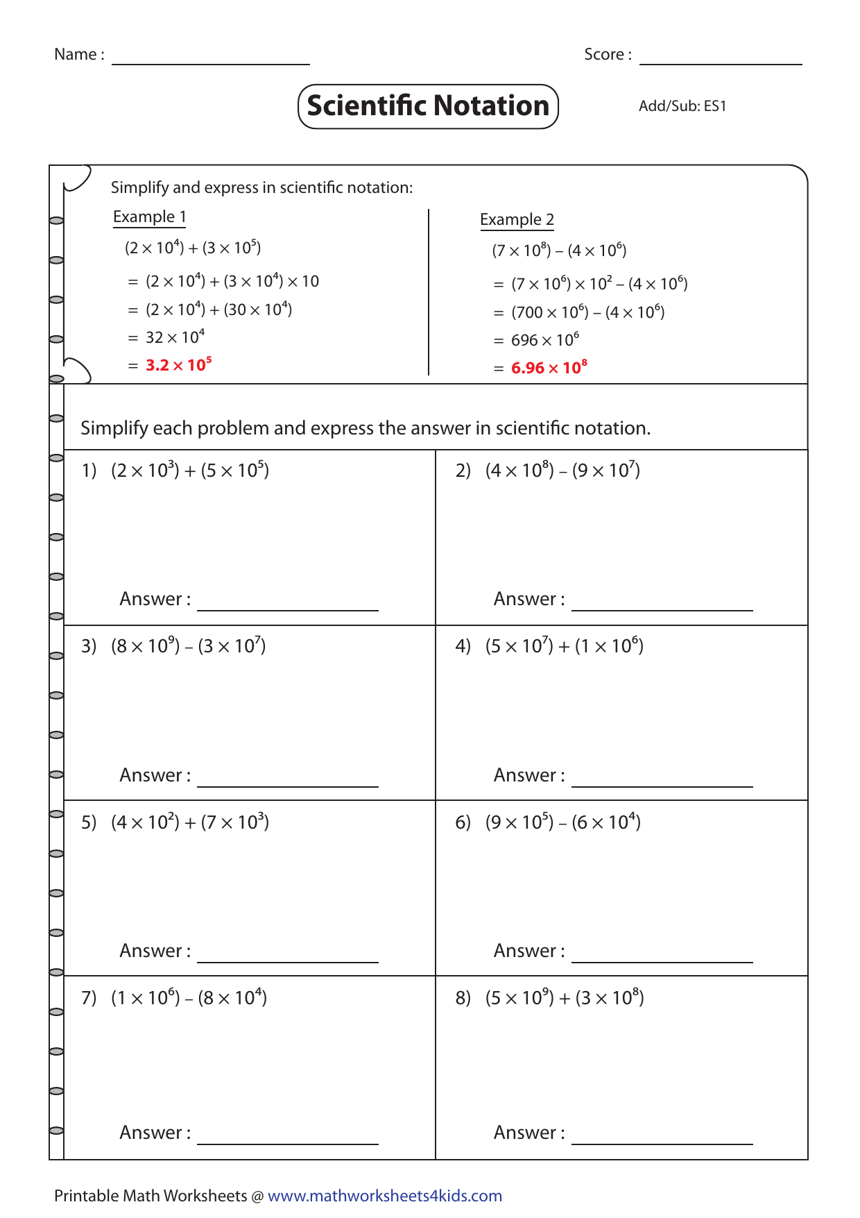 add-sub-easy22 With Scientific Notation Worksheet With Answers