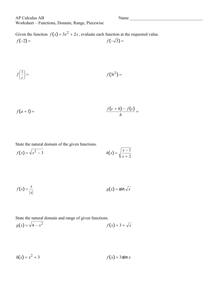 Worksheet Functions Domain Range Piecewise