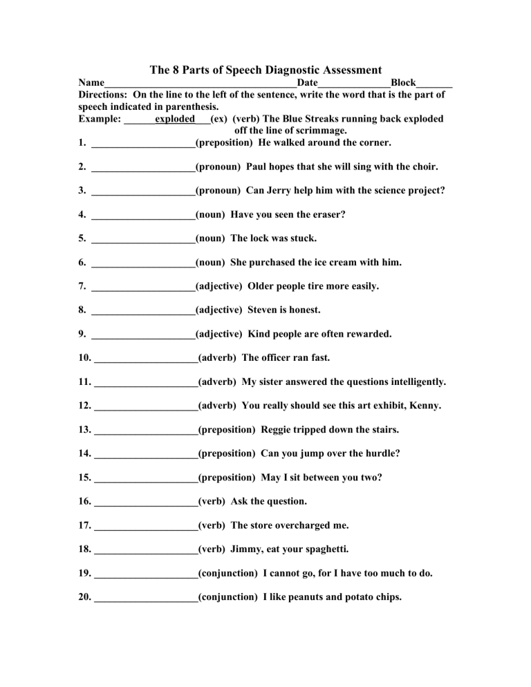 The 8 Parts Of Speech Diagnostic Assessment